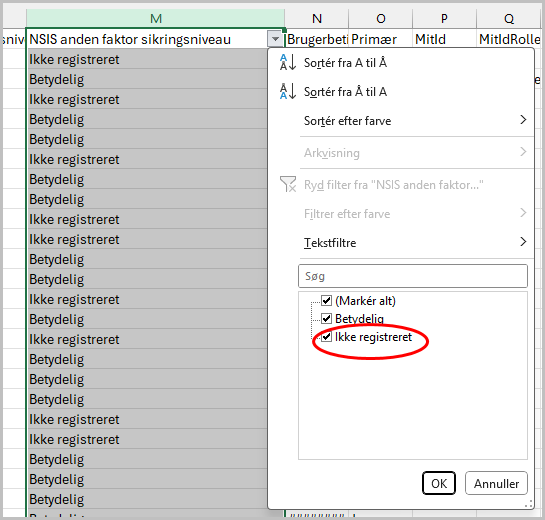 Visning af kolonnen NSIS anden faktor i CSV-fil.