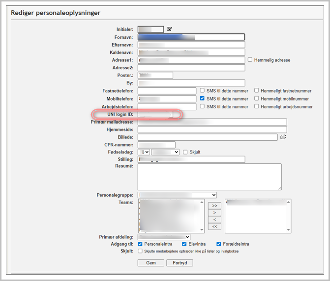 Redigering af UNI-login ID i personalekartotek