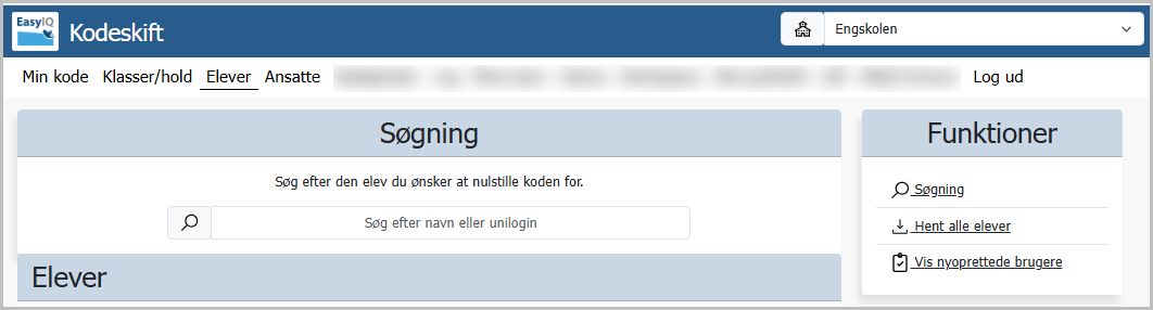 Søg efter elev med navn eller Uni-login i elevoversigten i Kodeskift.dk.