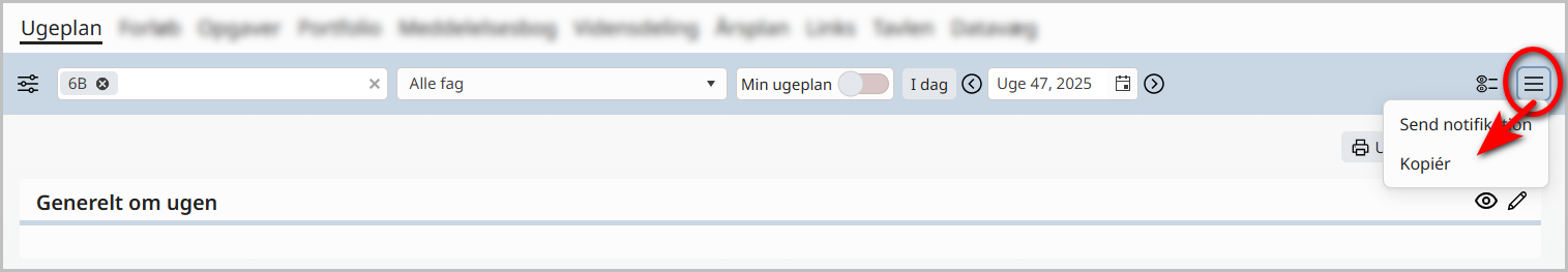 Funktionen kopier ugeplan