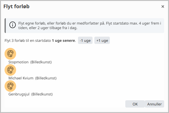Dialogboks med indstillinger for at flytte flere forløb.
