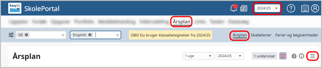 Oversigt over årsplaner med valg af skoleår, fag og klasse.