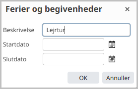Dialogvindue til oprettelse af begivenhed med felter for navn og datoer.