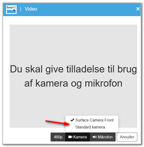 Dropdown til valg af kamera og mikrofon