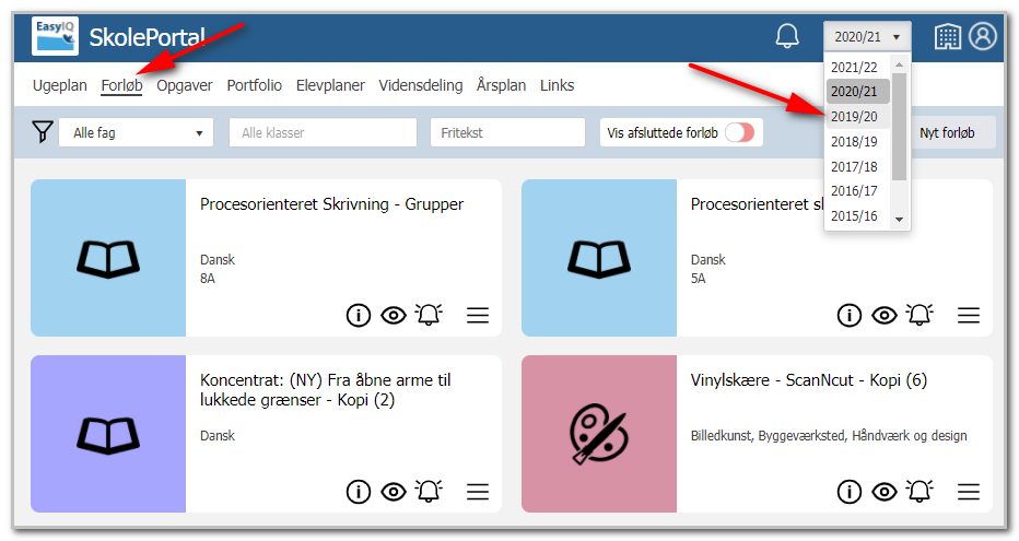 Forløbsoversigt med skoleår valgt og fagfilter aktiveret