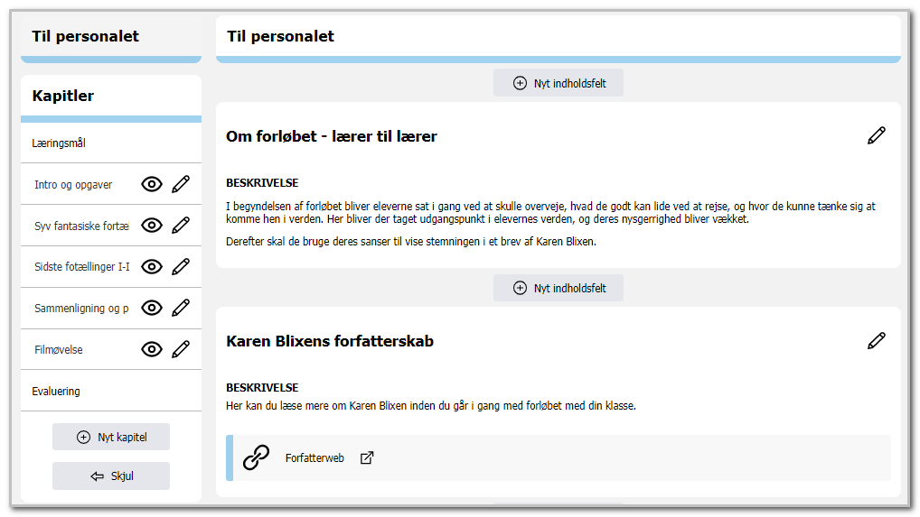 Visning af kapitler og felt til personaleinformation