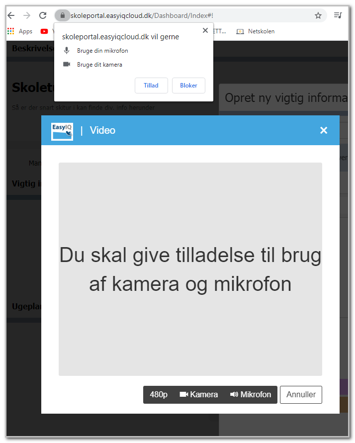 Pop op-vindue med tilladelse til kamera og mikrofon
