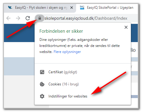 Browserindstillinger via hængelås i adressefelt