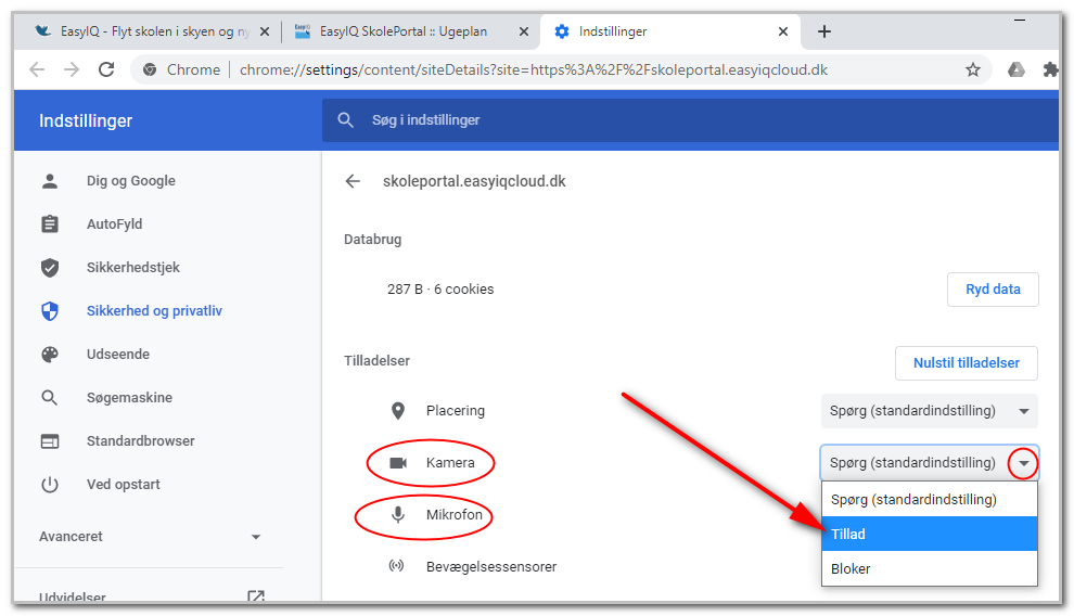Indstillinger for kamera og mikrofon i Chrome