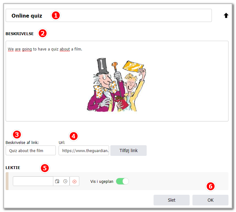 Formular med felter til titel, beskrivelse og URL i SkolePortal