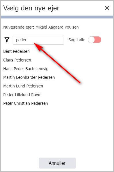 Søg og vælg ny ejer af forløbet
