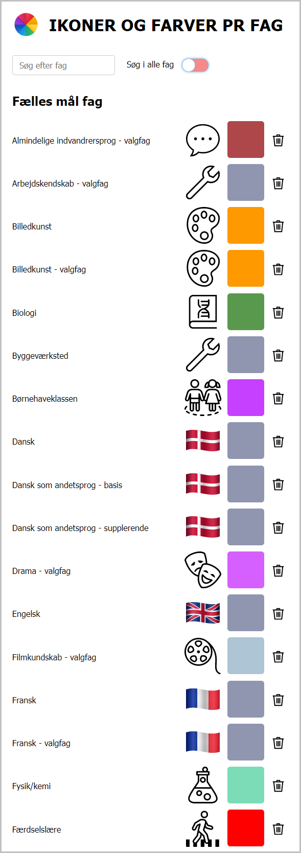 Oversigt over fag med tilhørende ikoner og farver, klar til redigering.