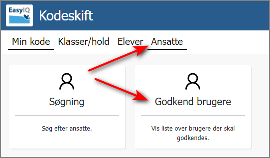 Menuvalg "Ansatte" i Kodeskift.dk med fokus på godkendelsesfunktion