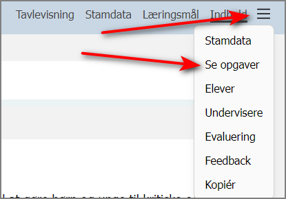 Opgaveoversigt fra menuen i forløbet